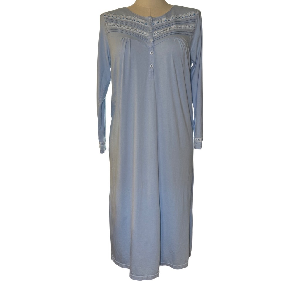 Keyocean Womens Light Blue 100% Cotton Lace Trim Long Sleeve Nightgown Size M‎